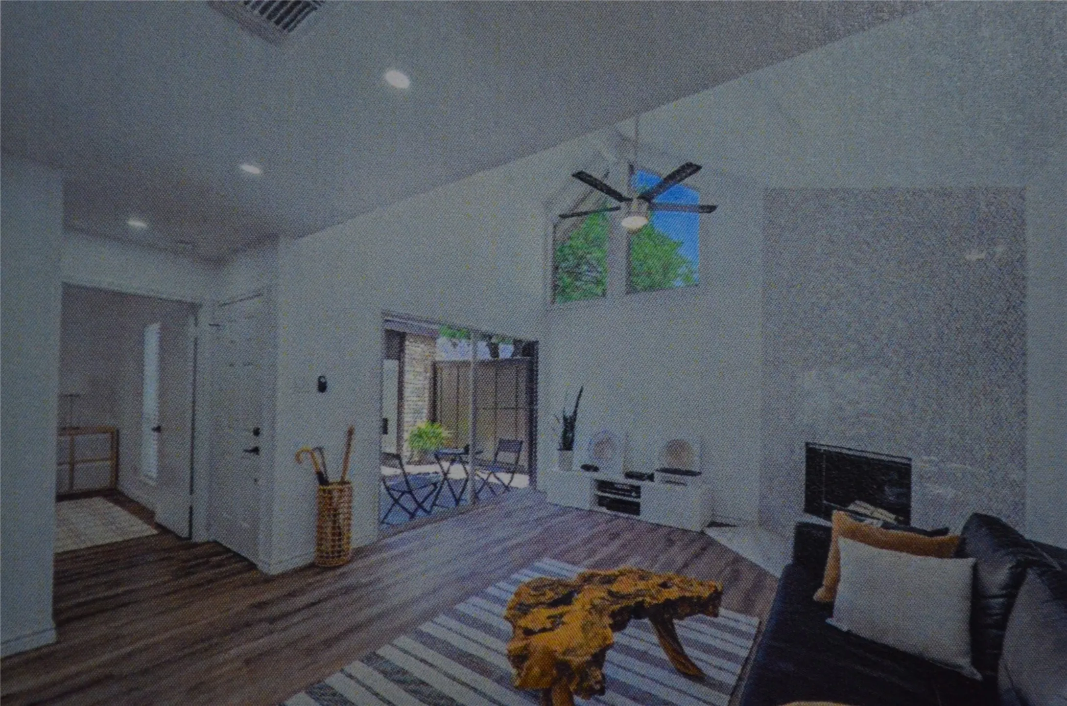 OPEN FLOOR PLAN. HERRINGBONE TILE ON  FIREPLACE AND STAIRS.