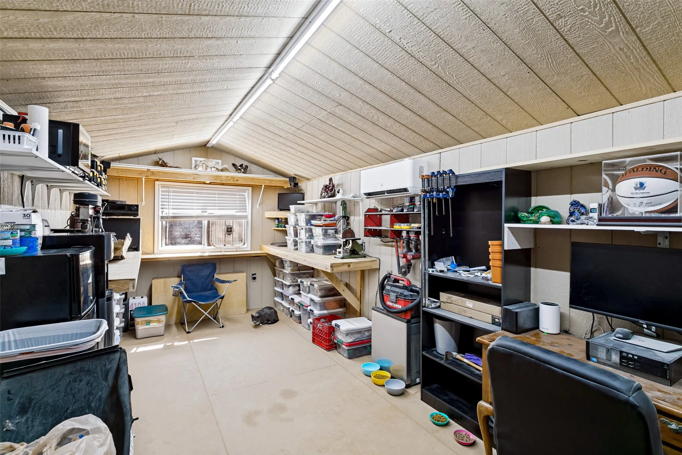 Vaulted ceiling with wood-finish panels, built-in shelving, integrated window, and task lighting