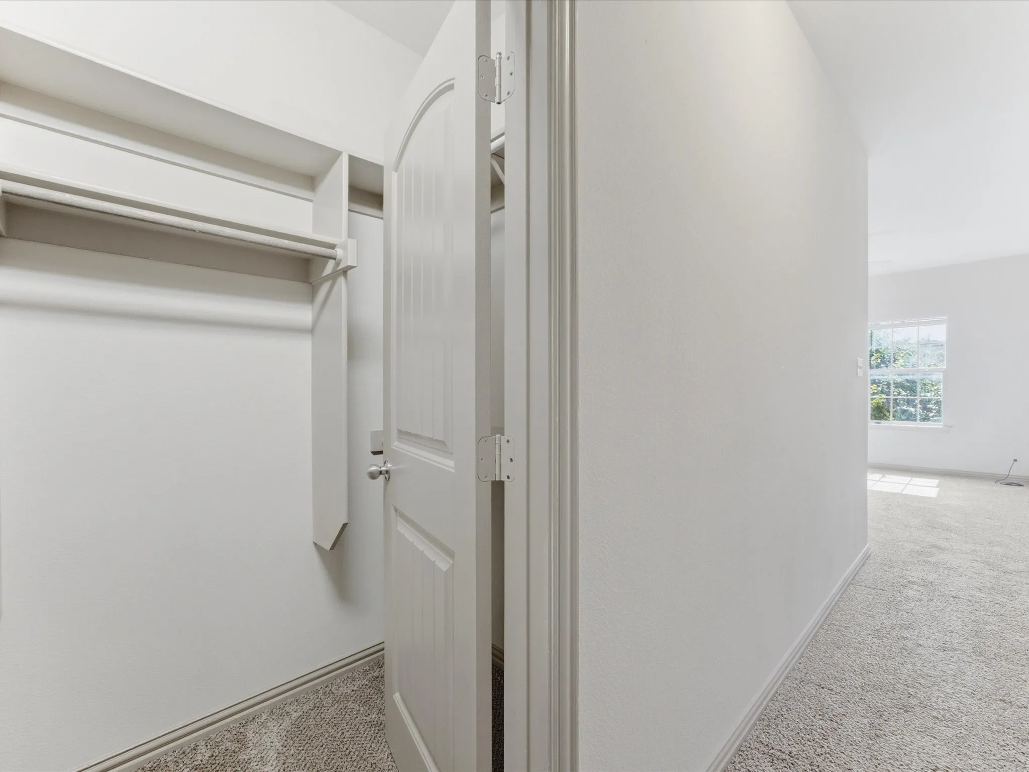 Walk-in closet with built-in shelving and hanging rod