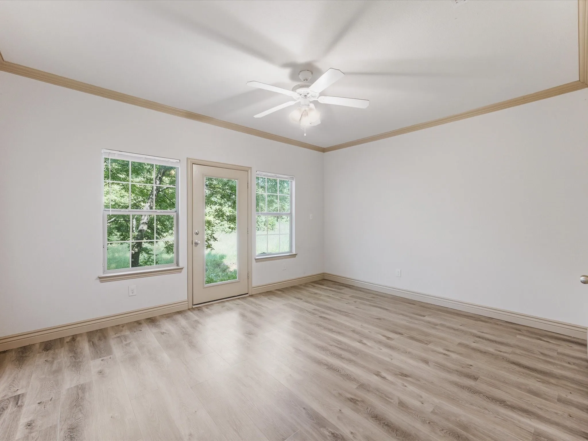 Wood-finish flooring, overhead ceiling fan, white trim, and multiple windows