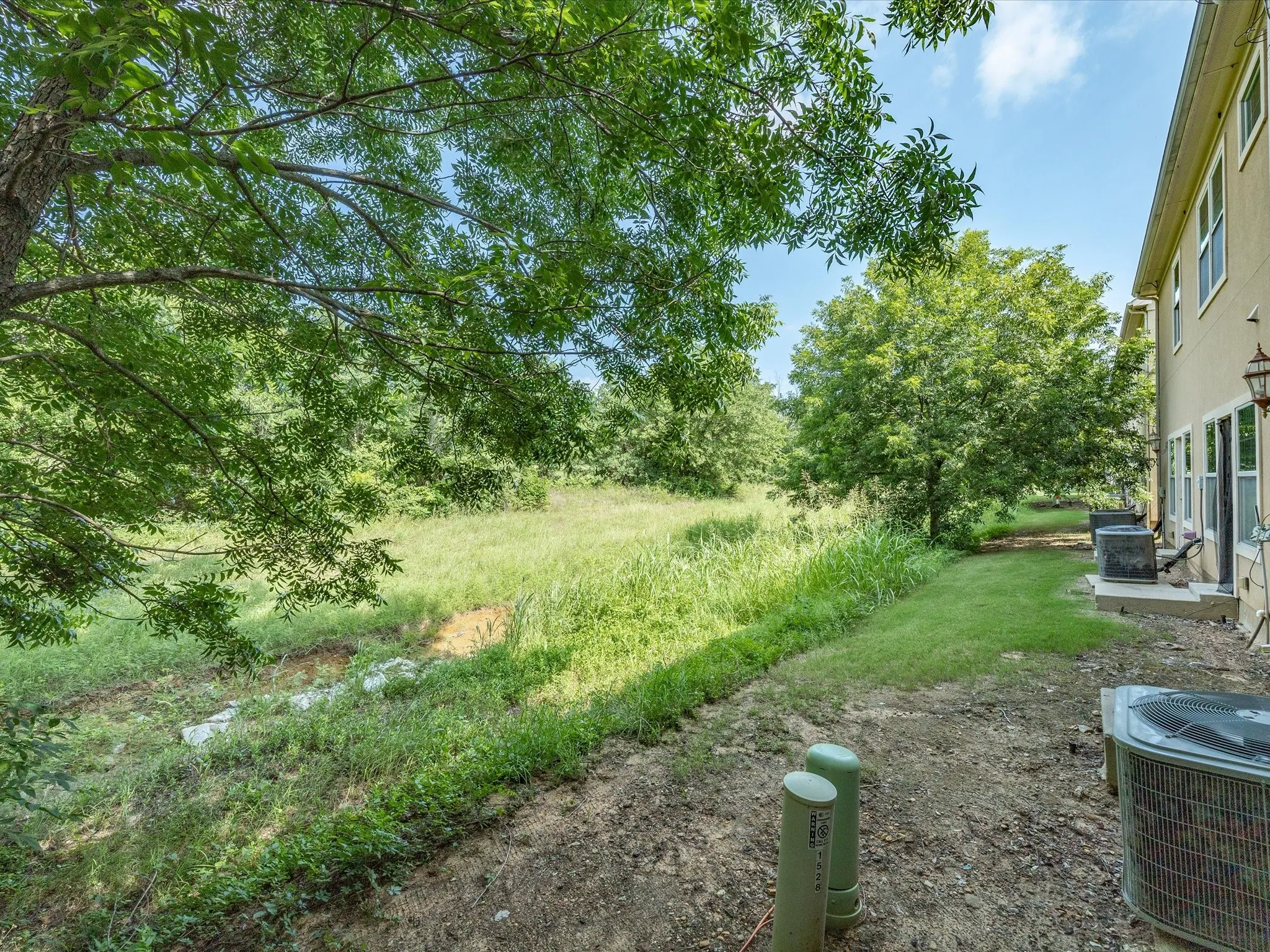 Expansive green space featuring mature trees and a manicured lawn area