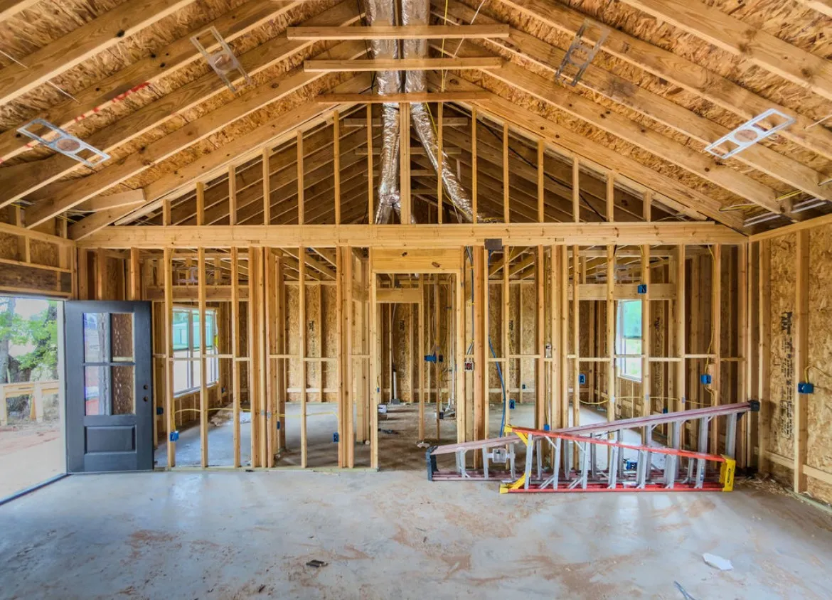Exposed wood framing with vaulted ceiling