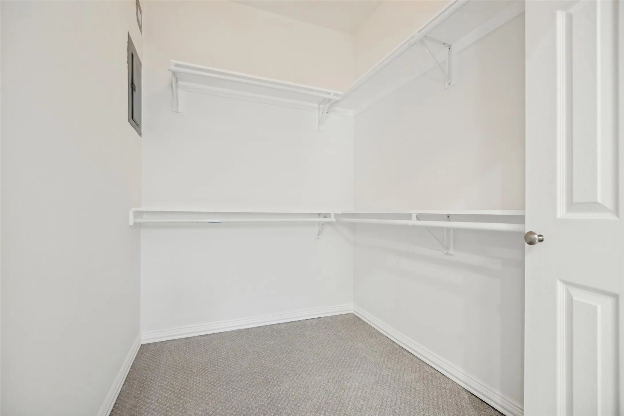 Wall-to-wall carpeting and white wire shelving