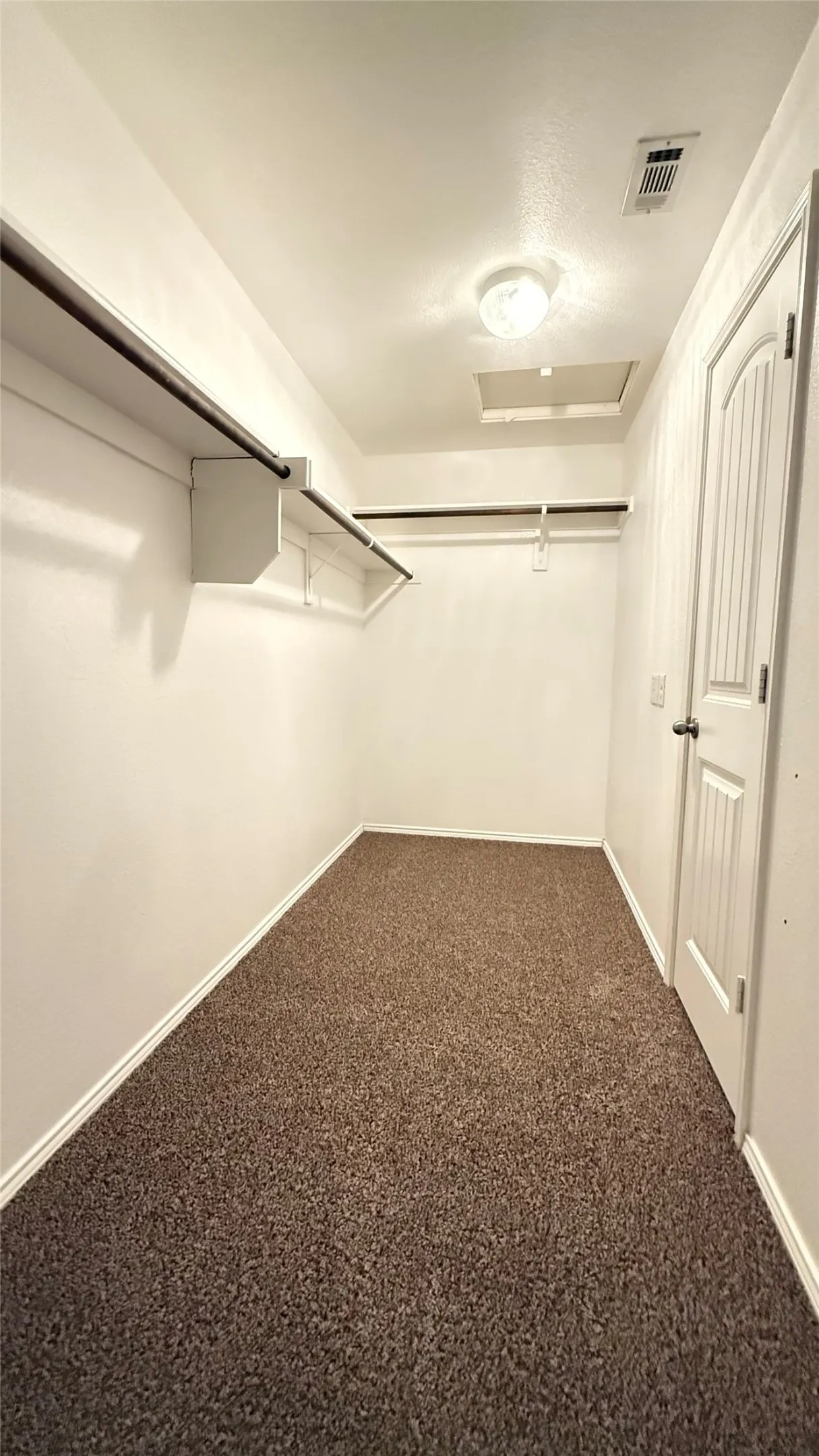 Spacious closet featuring attic access and carpet