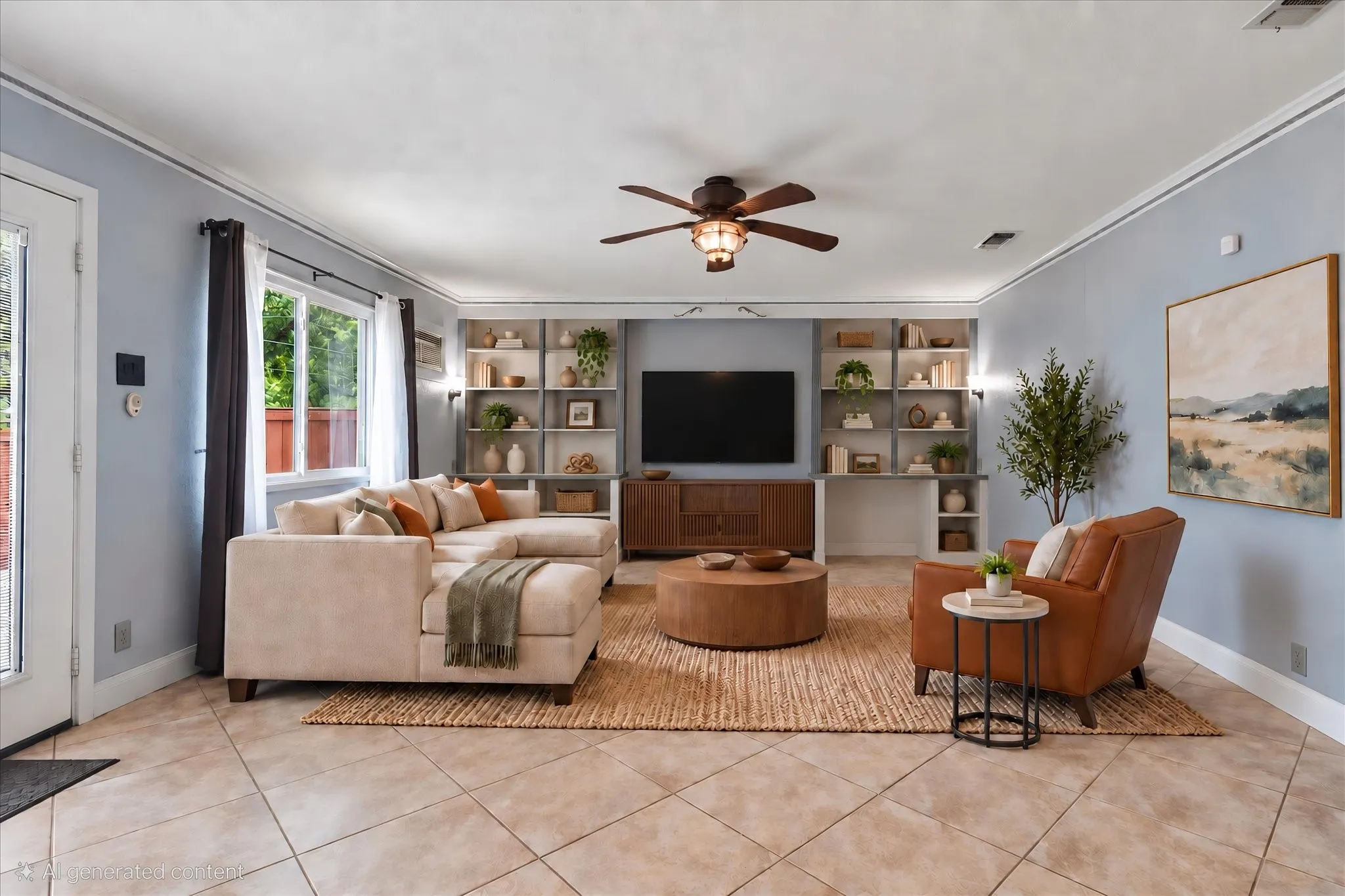 Spacious living room with built-ins. (Virtually staged photo)