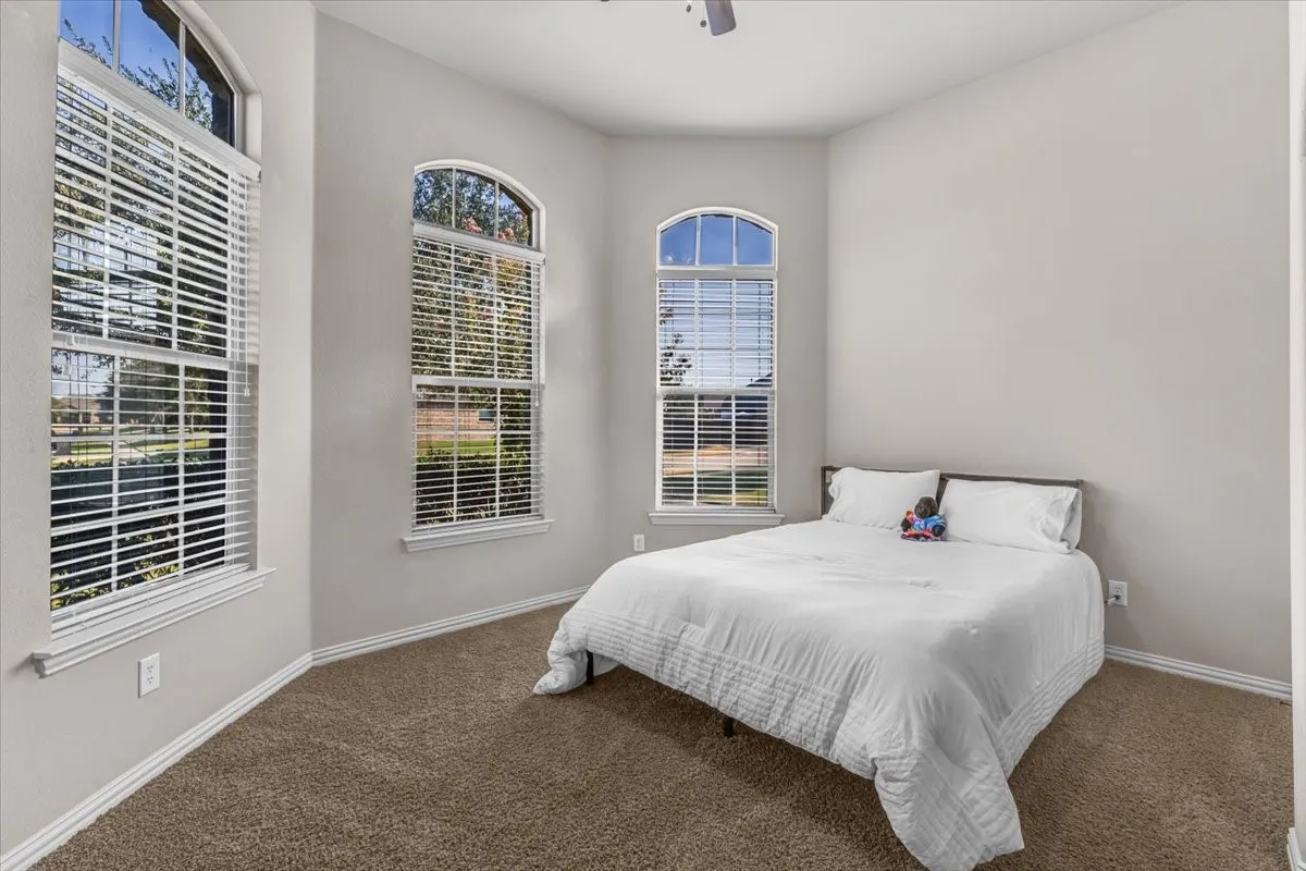 Two arched top windows with blinds, neutral wall paint, and carpeted flooring