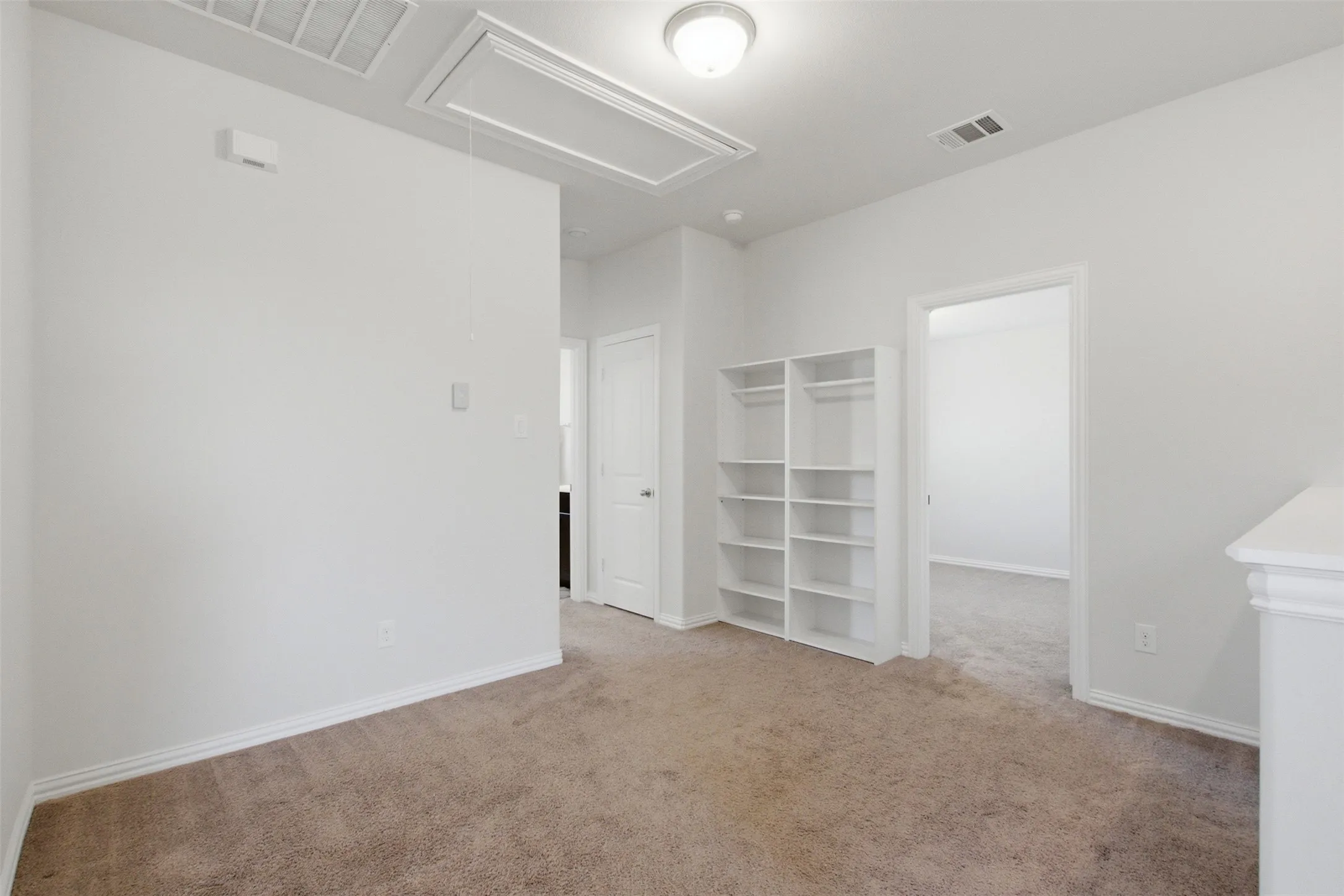Carpeted floor, white painted walls, built-in shelving, white trim, and flush mount ceiling light