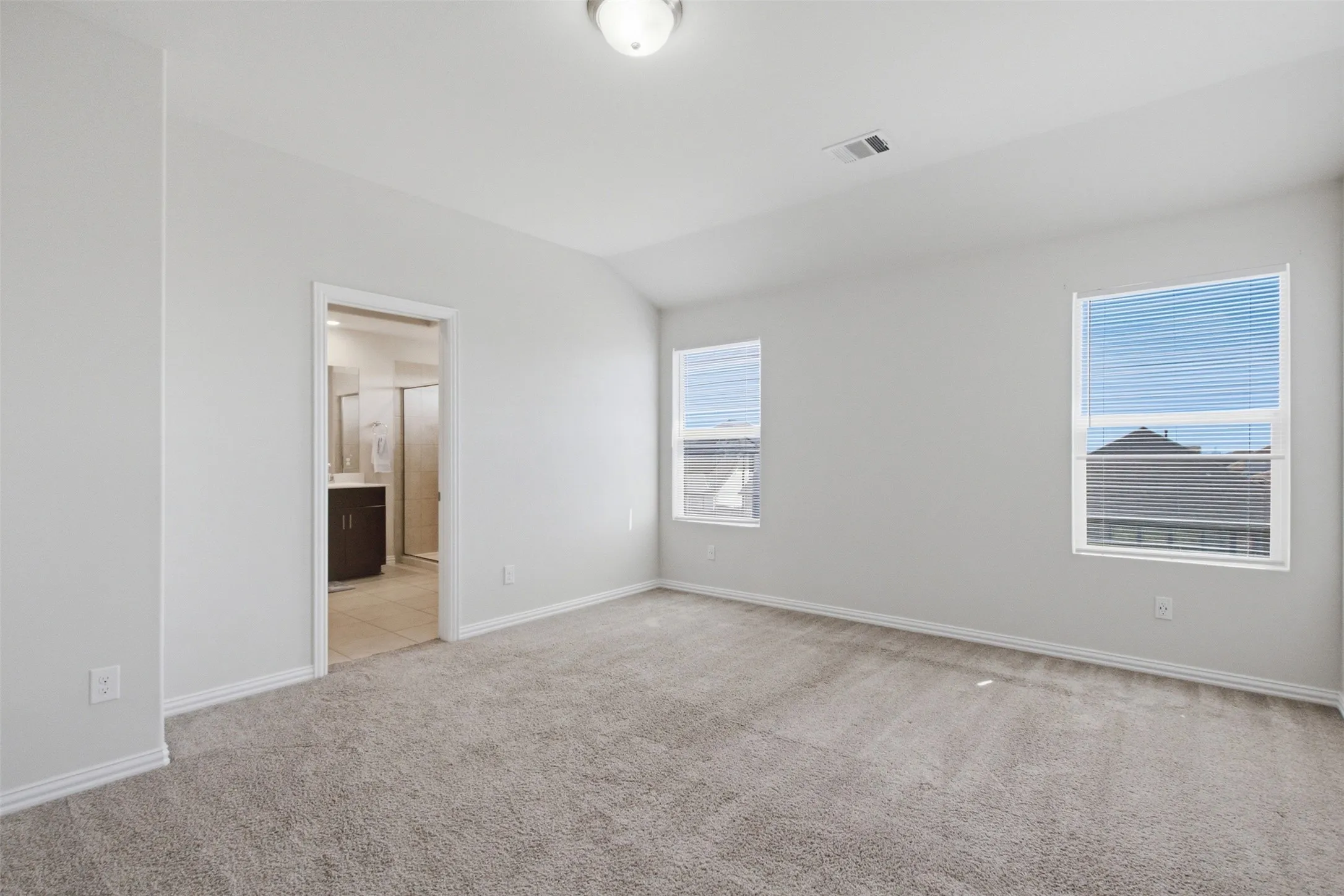 Carpeted flooring with multiple windows and a neutral wall color