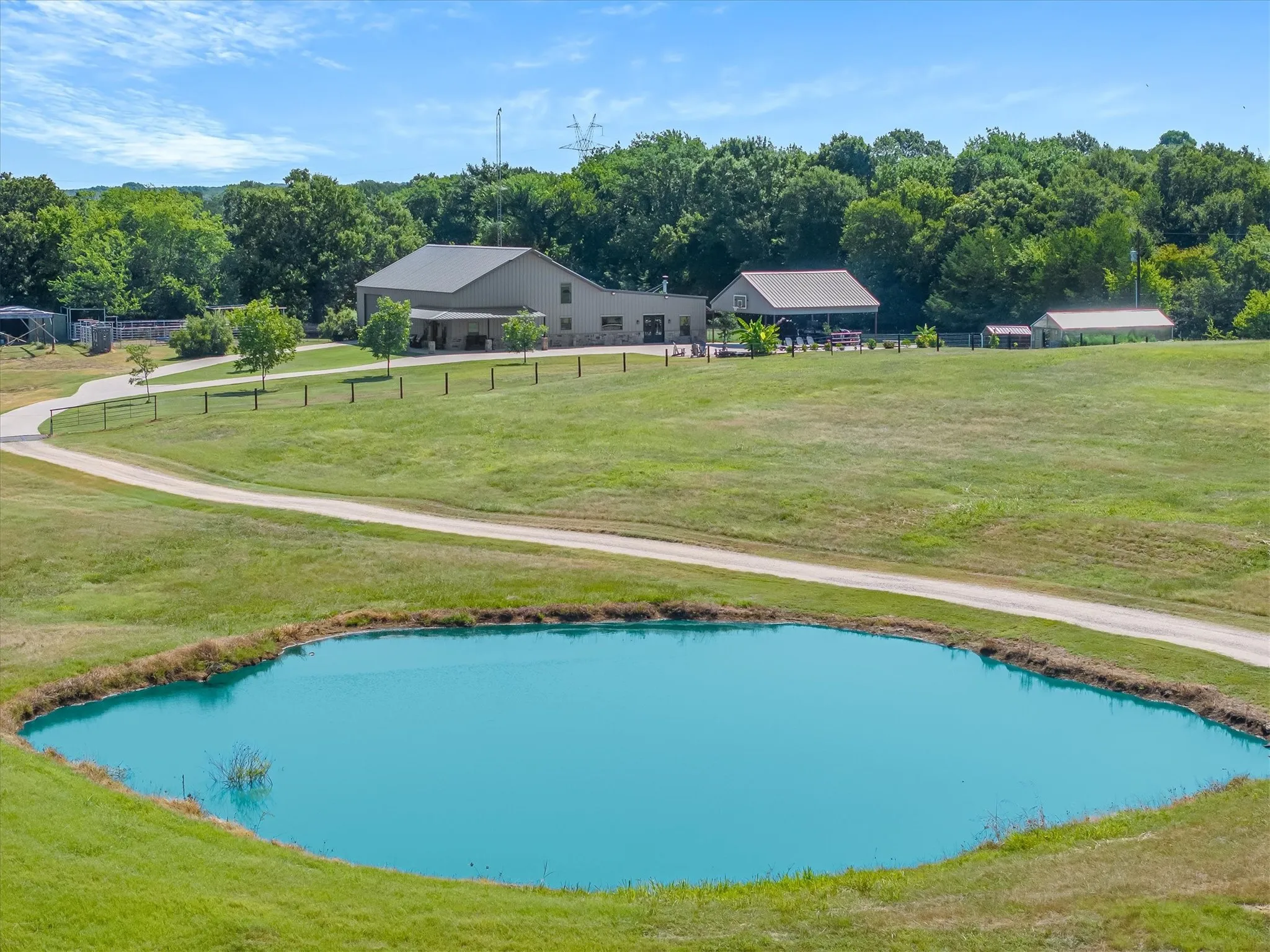 Pond on the left as you drive up