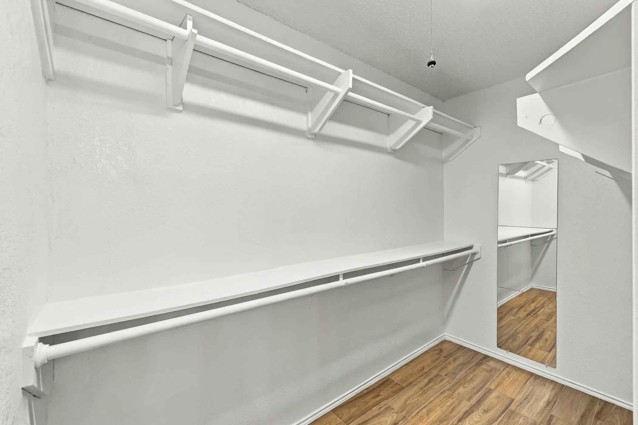 Walk-in closet featuring wood-finish flooring, white shelving, and a wall-mounted mirror