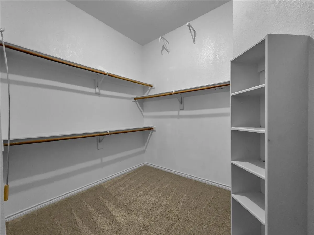 Walk-in closet featuring carpeted flooring and built-in shelving with hanging rods