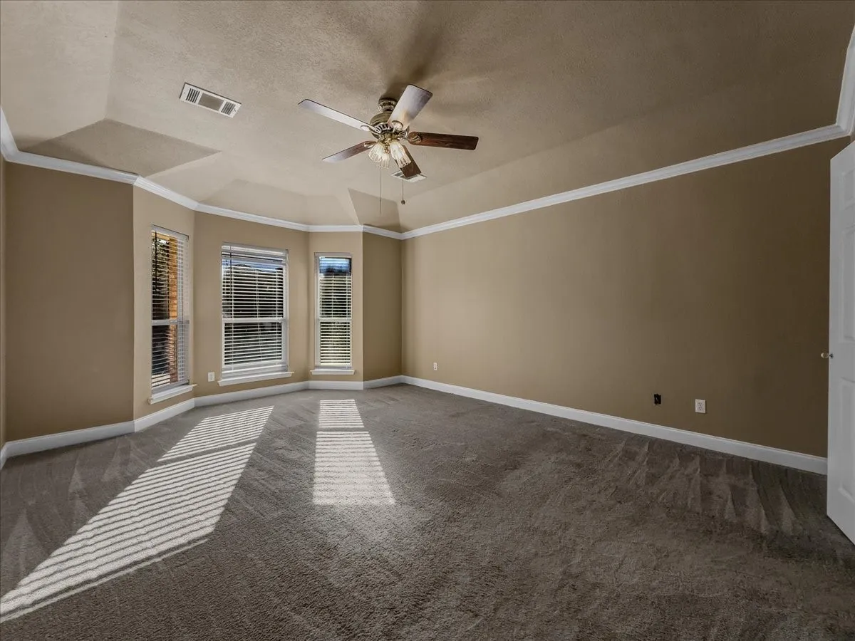 Tray ceiling with crown molding, multiple windows with blinds, ceiling fan, and wall-to-wall carpeting