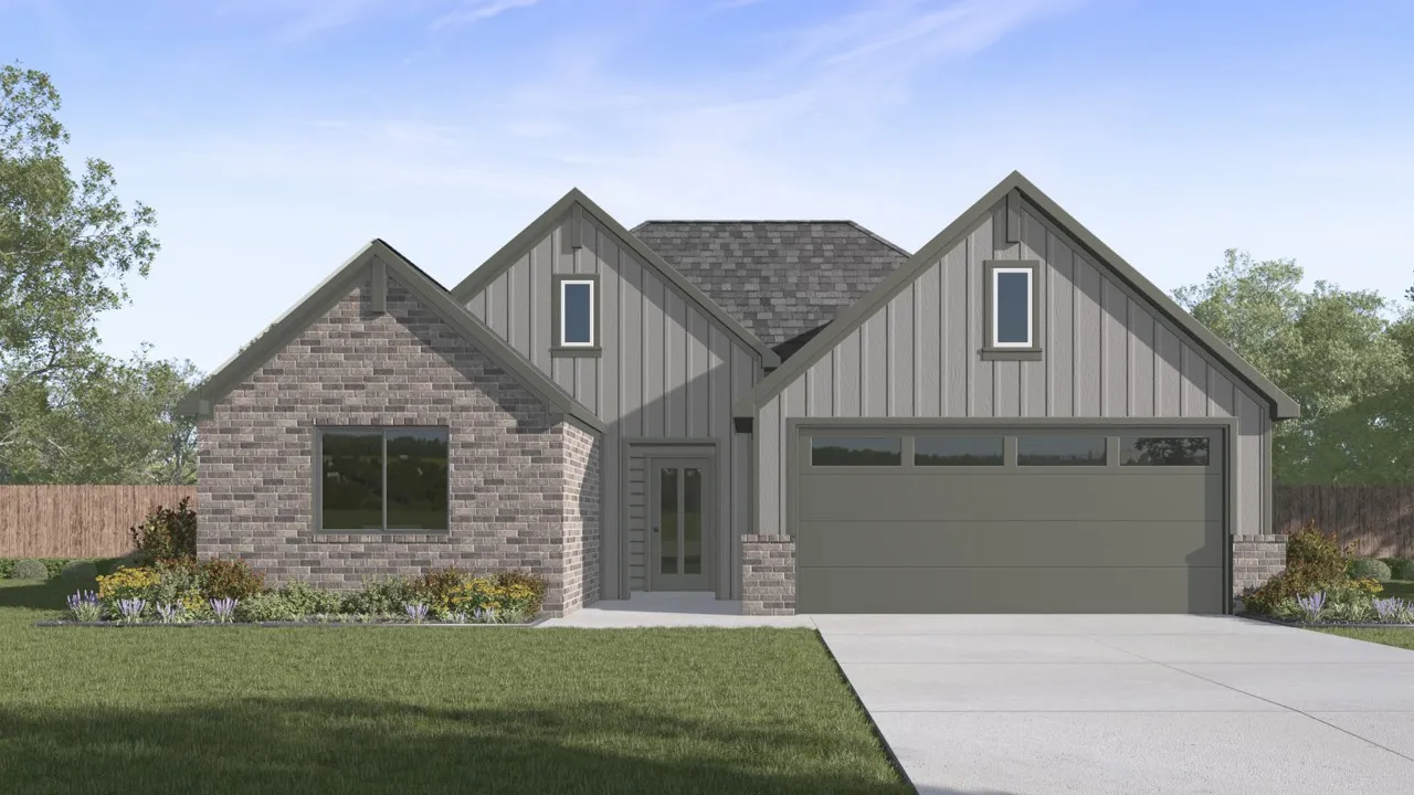 Exterior featuring a mixed material facade, gabled rooflines, an attached two-car garage, a concrete driveway, and established landscaping