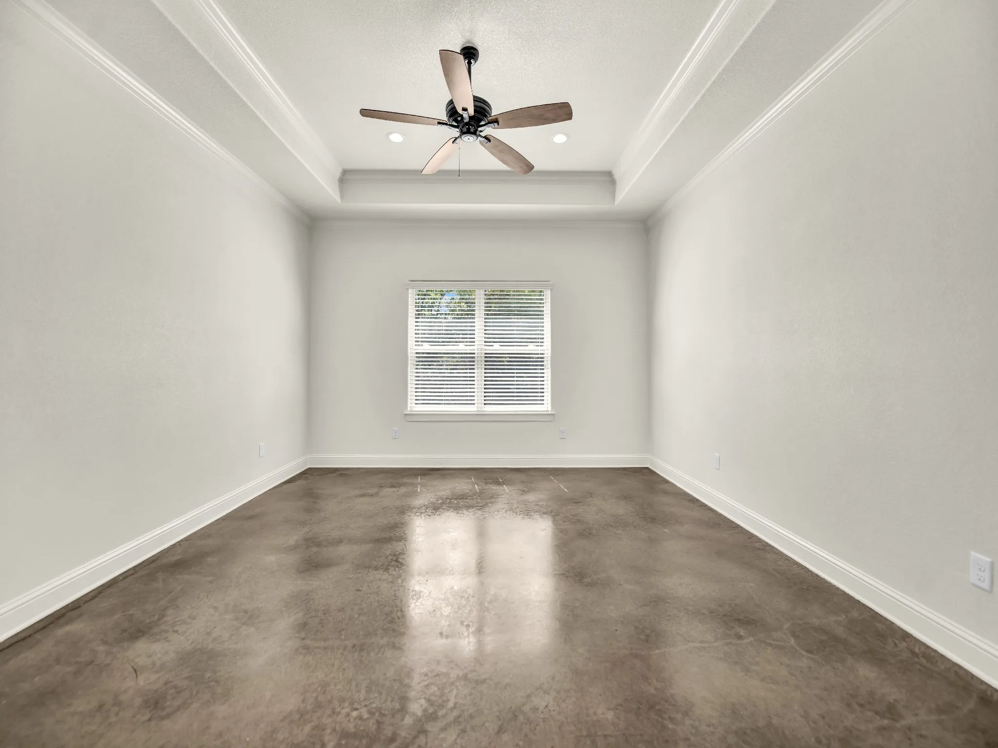Primary bedroom is huge featuring tray ceiling, back yard view and ceiling fan.