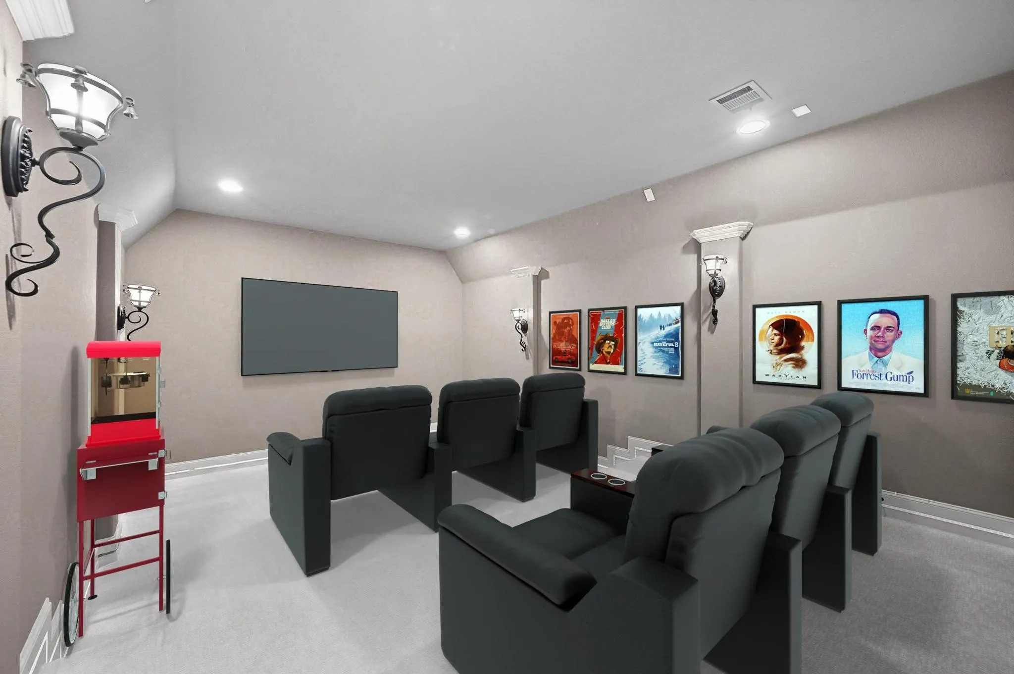 Private media room designed for theater style seating. This photo has been virtually staged