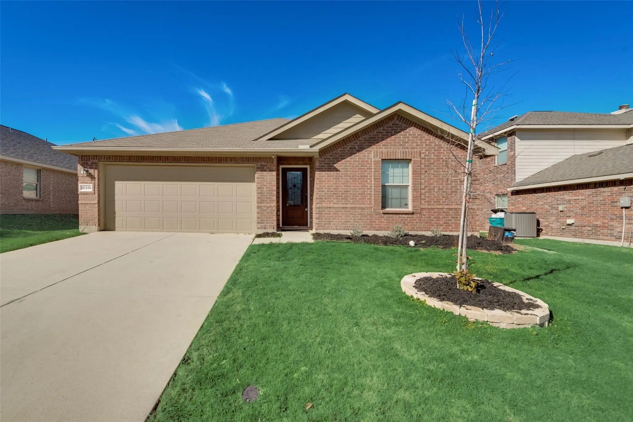 Brick facade, attached garage, concrete driveway, front entry door with decorative glass, and a landscaped front yard with a tree