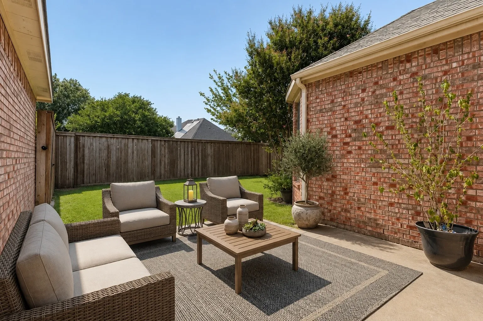 Private backyard patio creates an inviting setting for outdoor seating, dining and entertaining. *Virtually Staged*