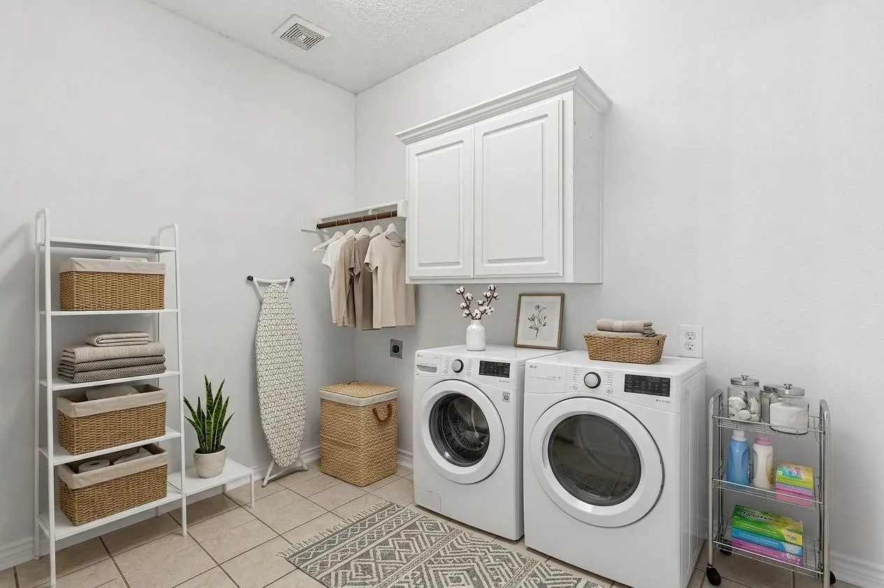 Dedicated utility room offers built-in cabinetry, a utility sink and space for full-size laundry appliances. *Virtually Staged*