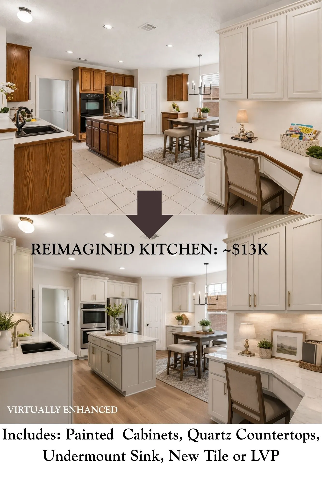 A little vision goes a long way! See how approximately $13K in proposed updates could completely transform this kitchen. Virtually enhanced.