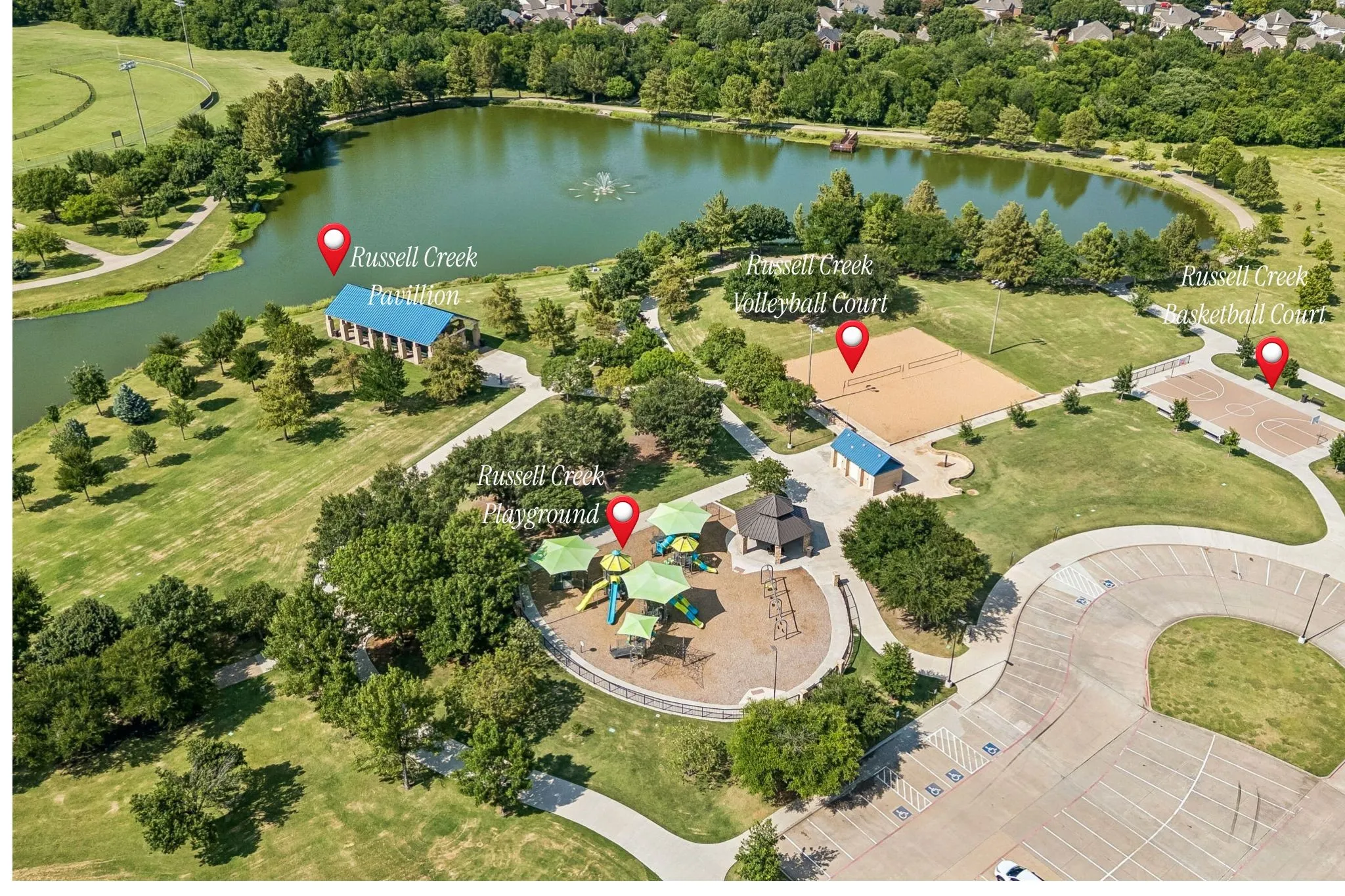 Russell Creek Park provides nearby access to trails, open green space and a variety of recreational amenities.