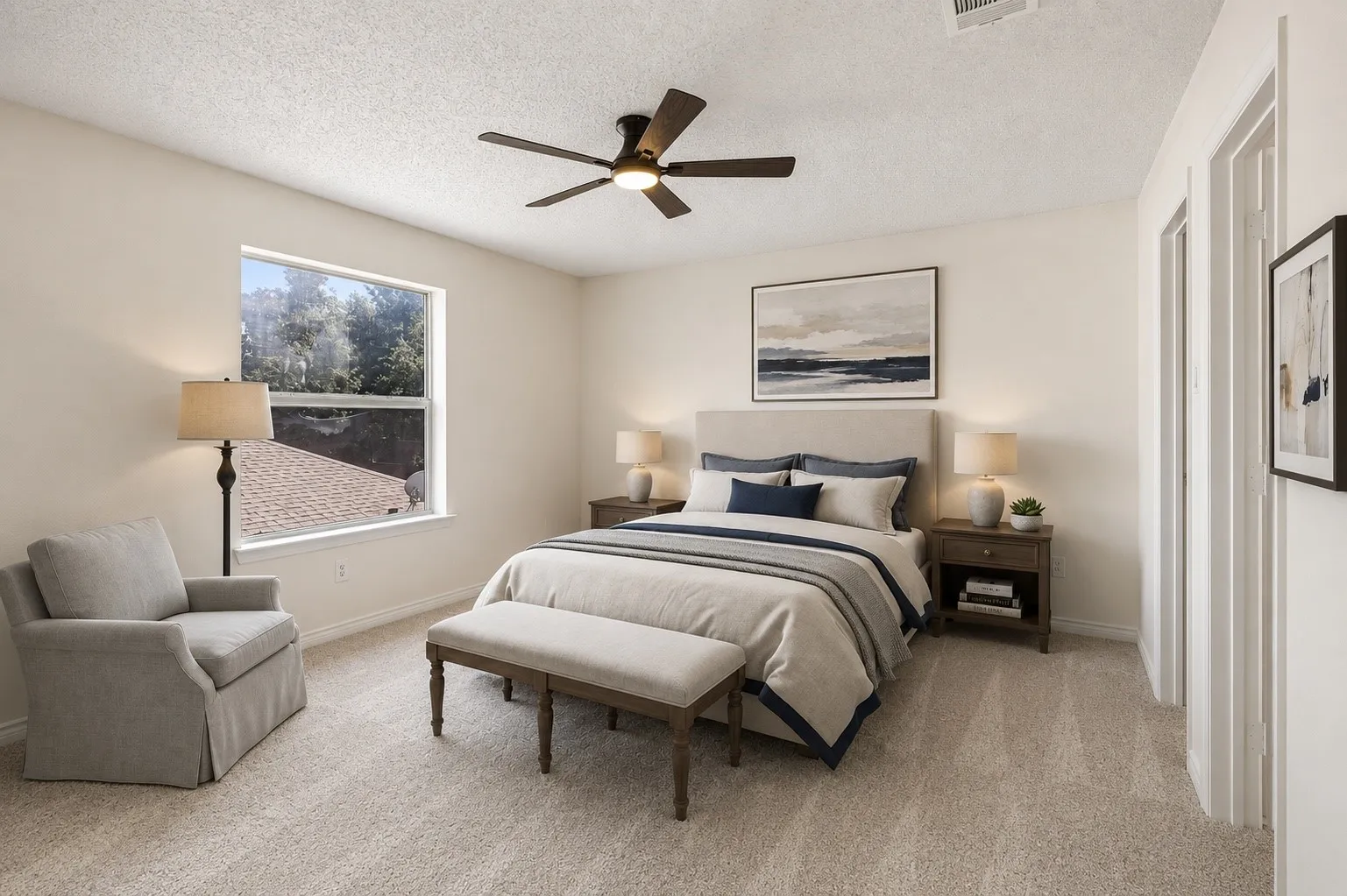 Private upstairs ensuite bedroom offers exceptional flexibility as a guest retreat or second primary suite. *Virtually Staged*