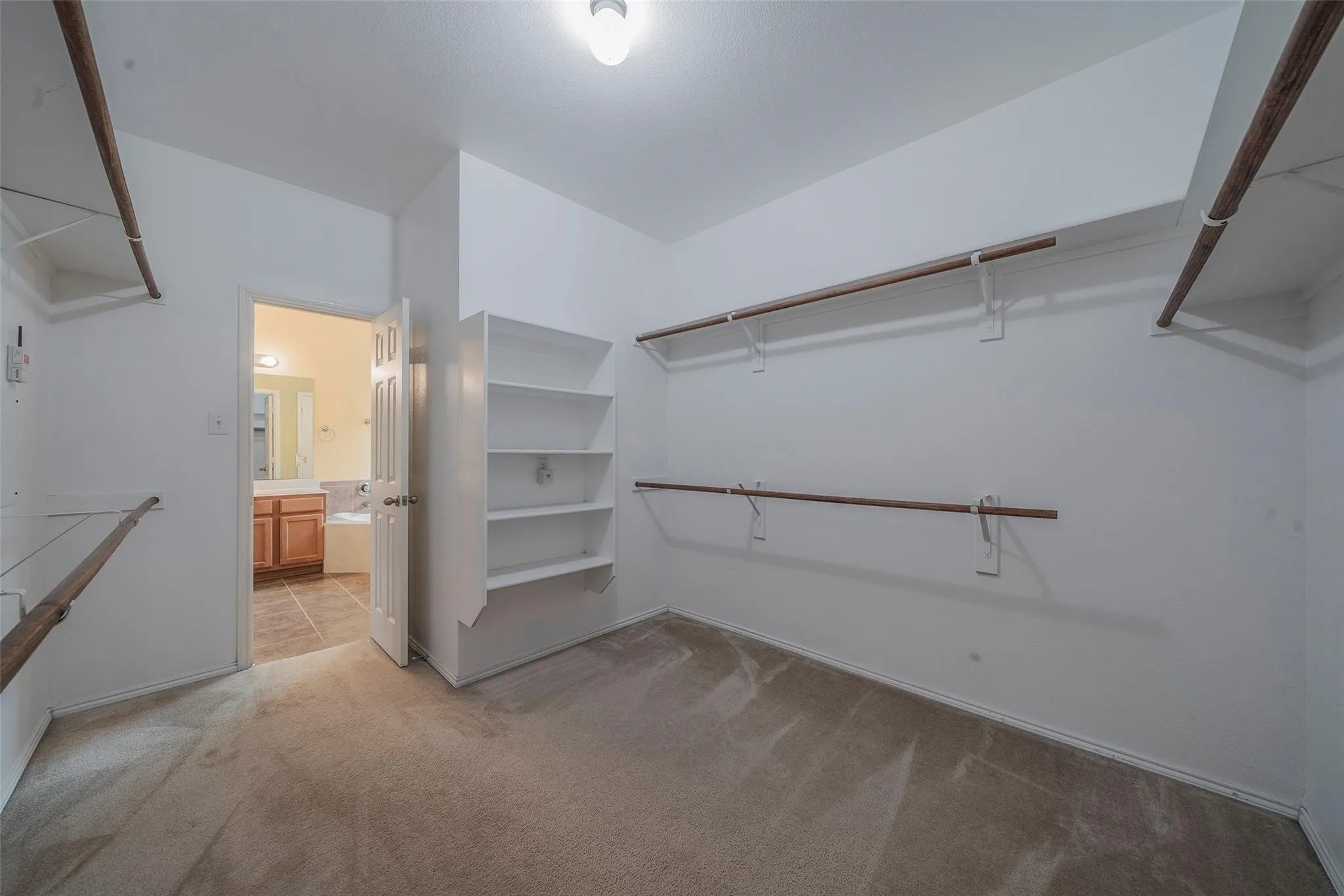 Walk in closet featuring light colored carpet