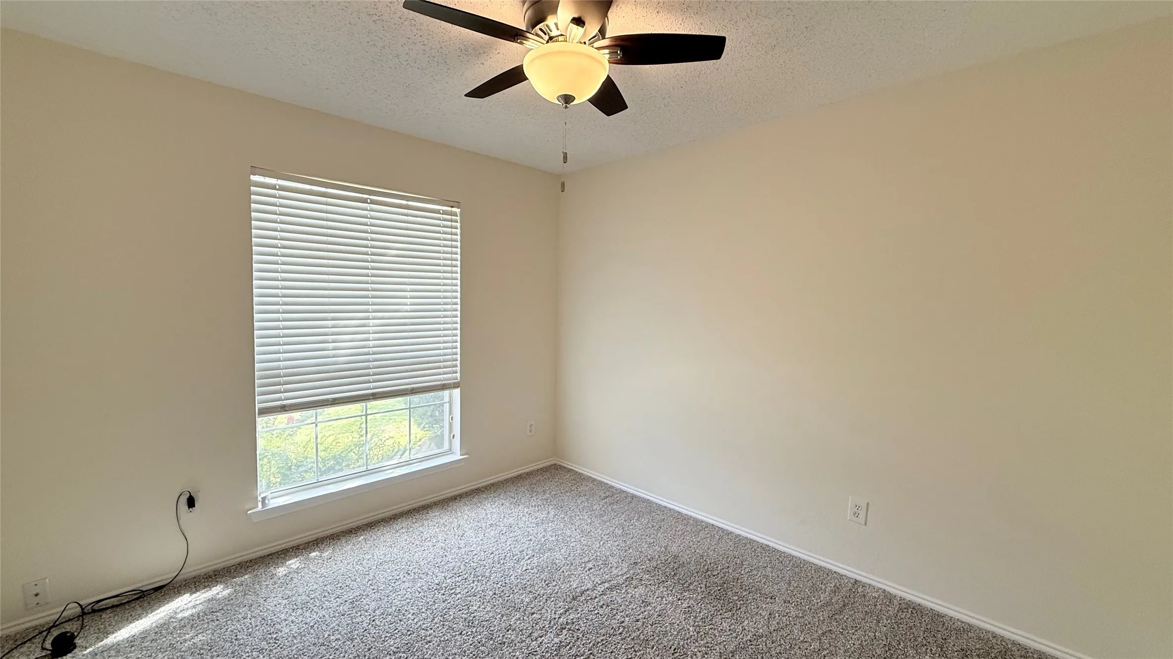Neutral wall finishes, textured ceiling, window with horizontal blinds, ceiling fan with integrated lighting, and carpeted flooring