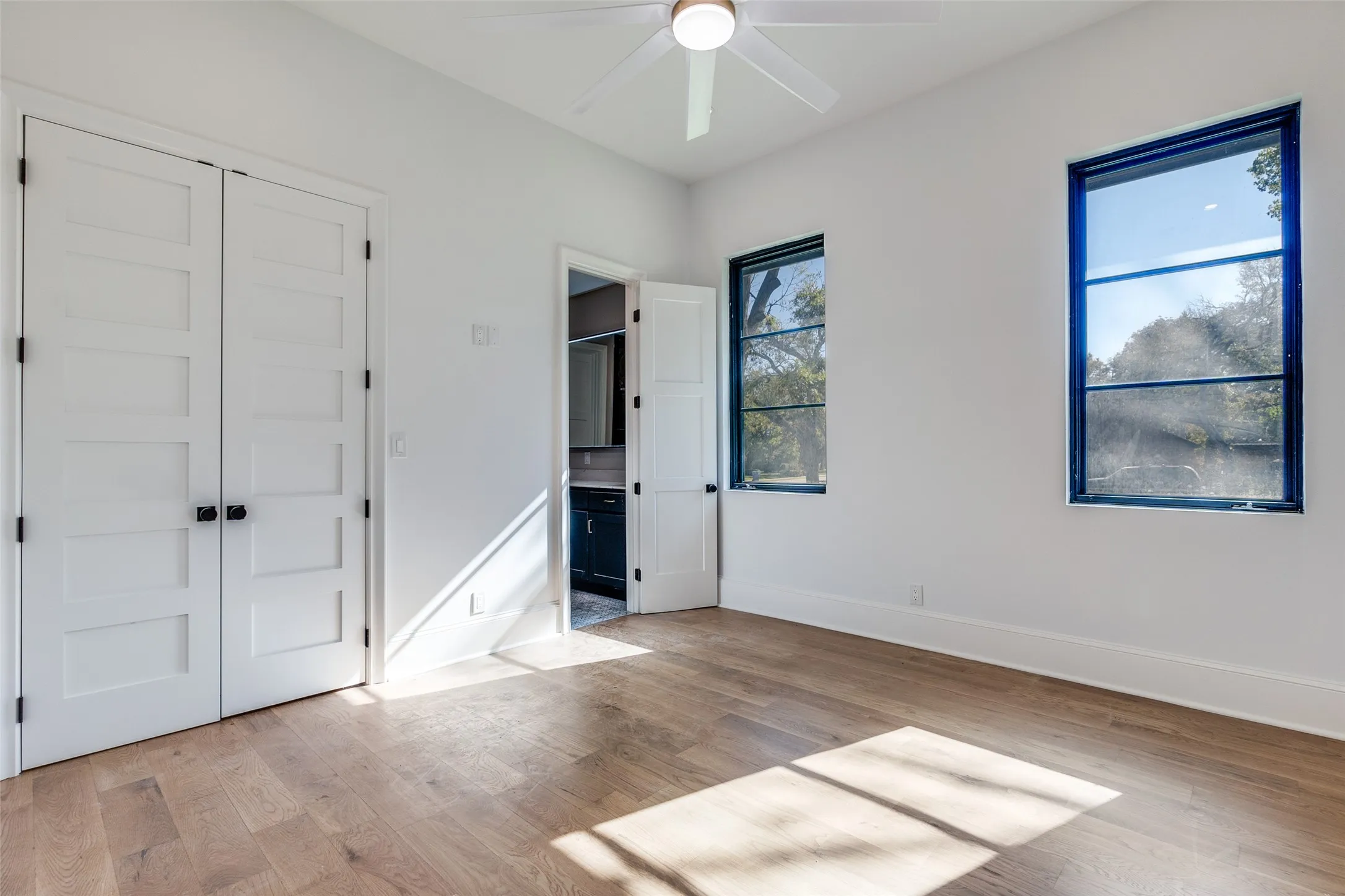 Wood-finish flooring, white paneled doors with black hardware, and dark-framed windows