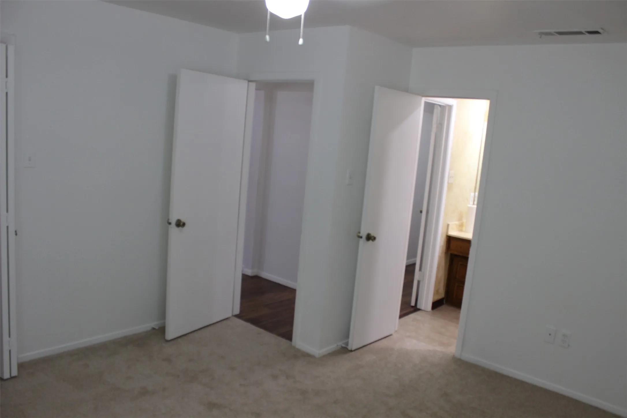 Neutral wall finishes, ceiling-mounted light fixture, carpeting, wood-finish flooring
