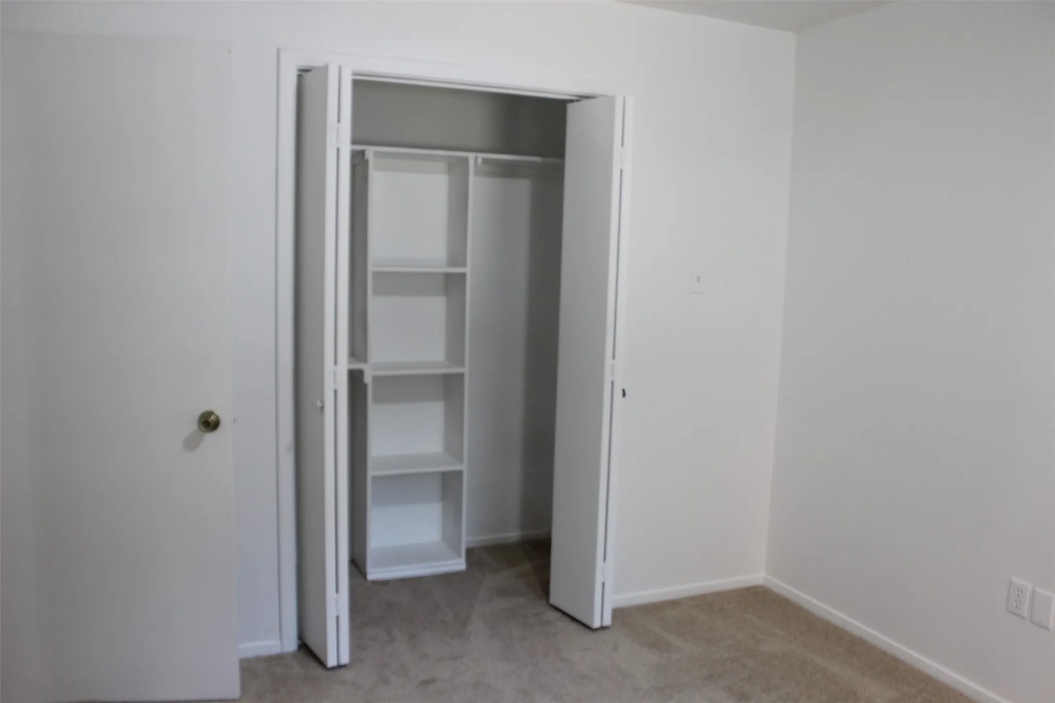 Built-in closet shelving, bi-fold closet doors, wall-to-wall carpeting