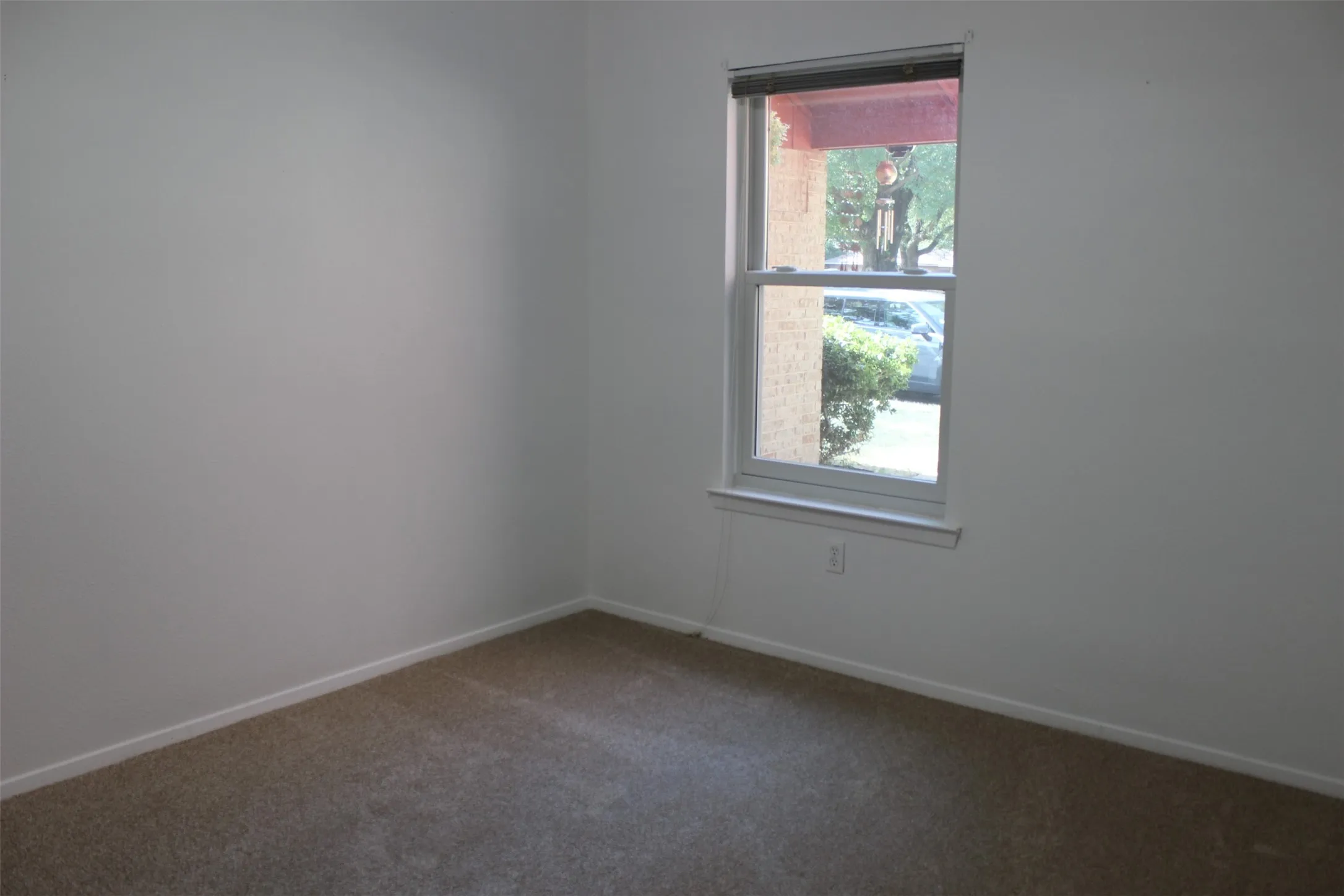 White walls with window, carpeting, and baseboards