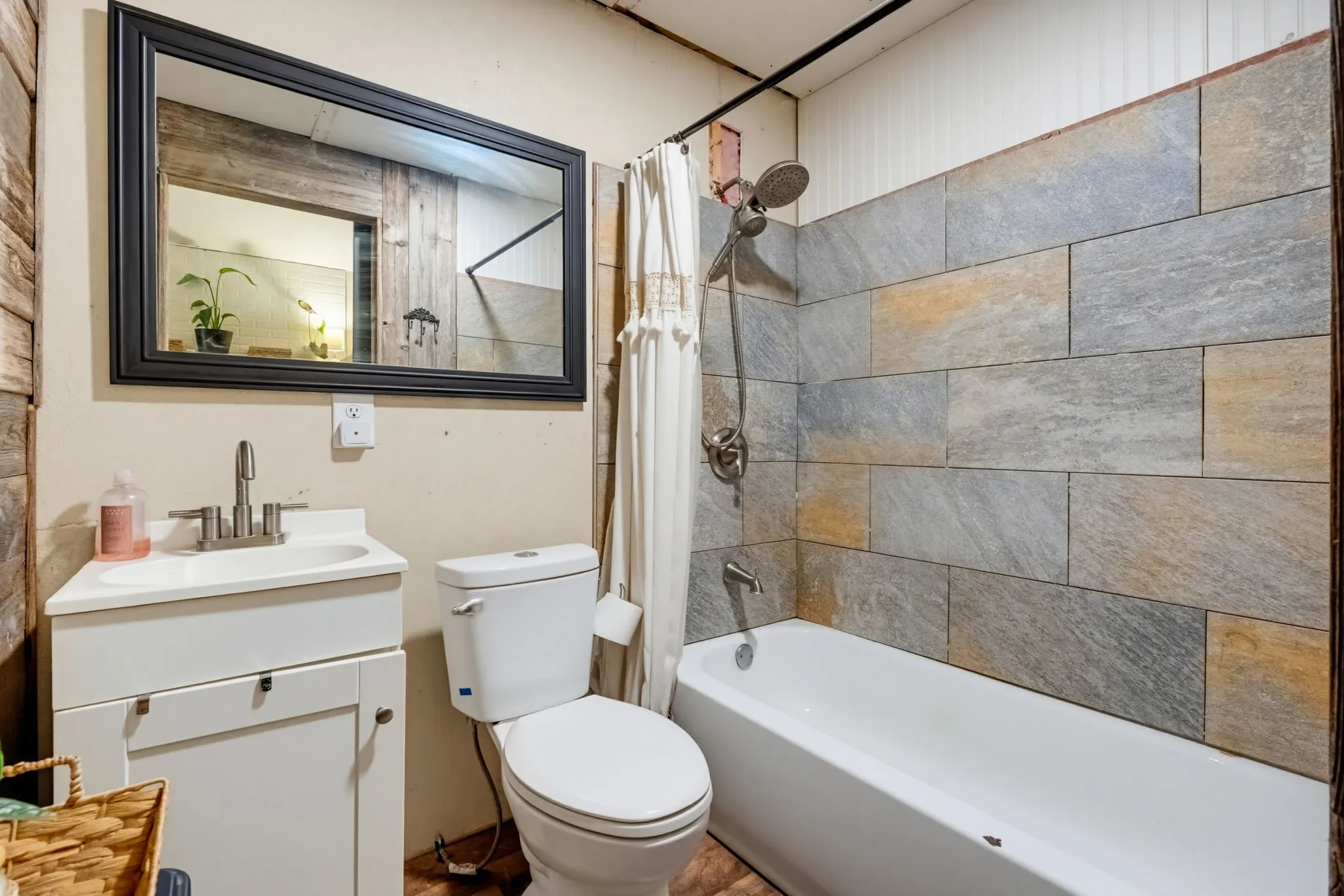 White vanity with integrated sink