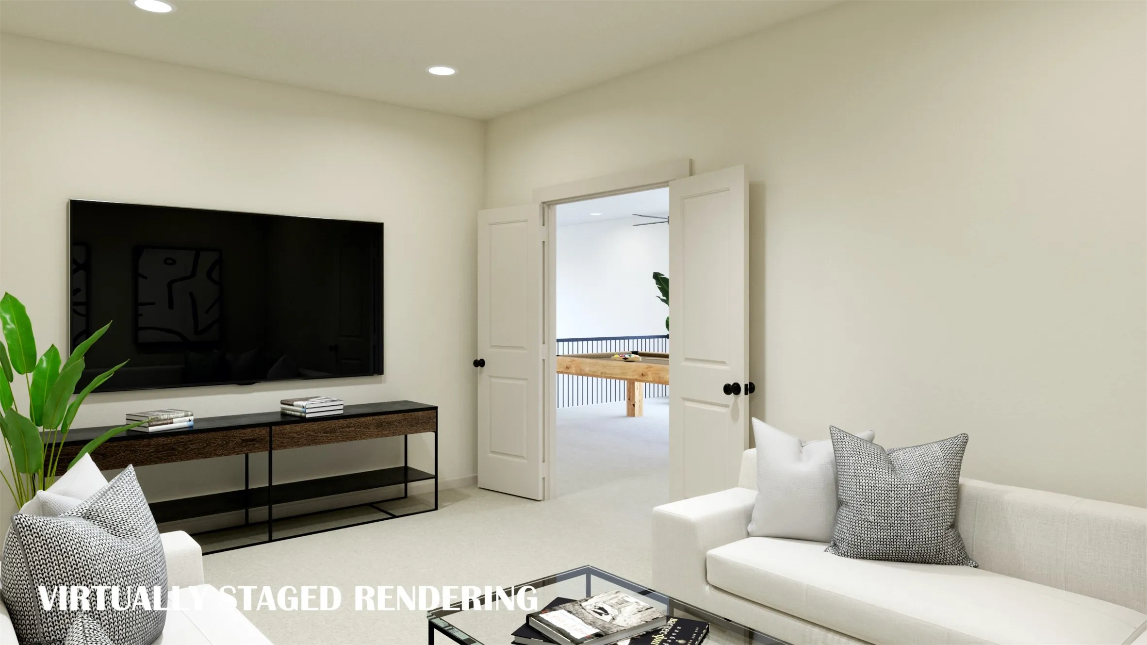 Whether it's family movie night or big game day parties, you will love entertaining in your new media room!  VIRTUALLY STAGED RENDERING