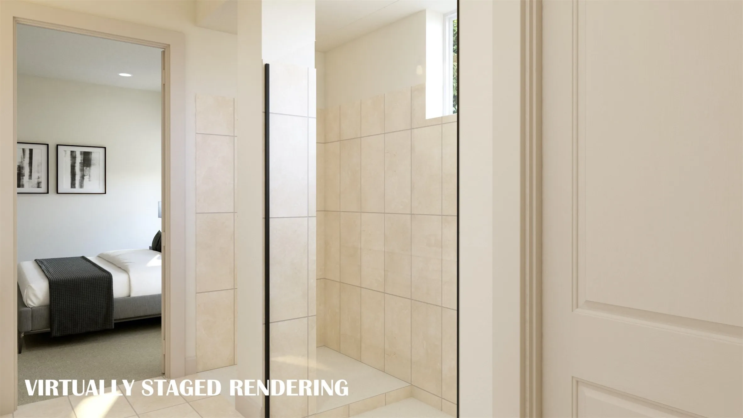 Your new owner's bath offers an oversized walk in shower with drying area.  VIRTUALLY STAGED RENDERING