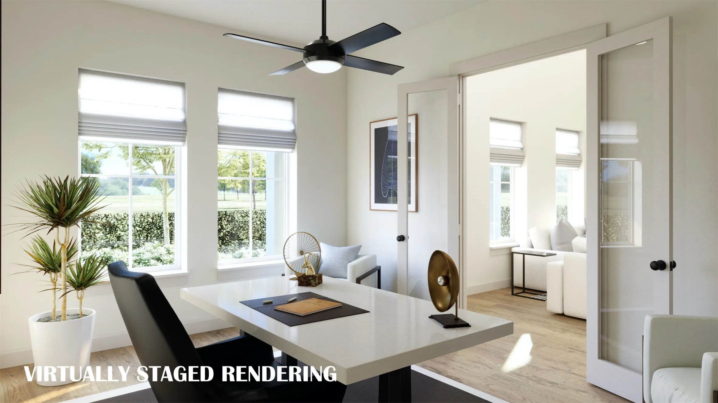 Whether it's work or play, you will love spending time in this light filled home office!  VIRTUALLY STAGED RENDERING