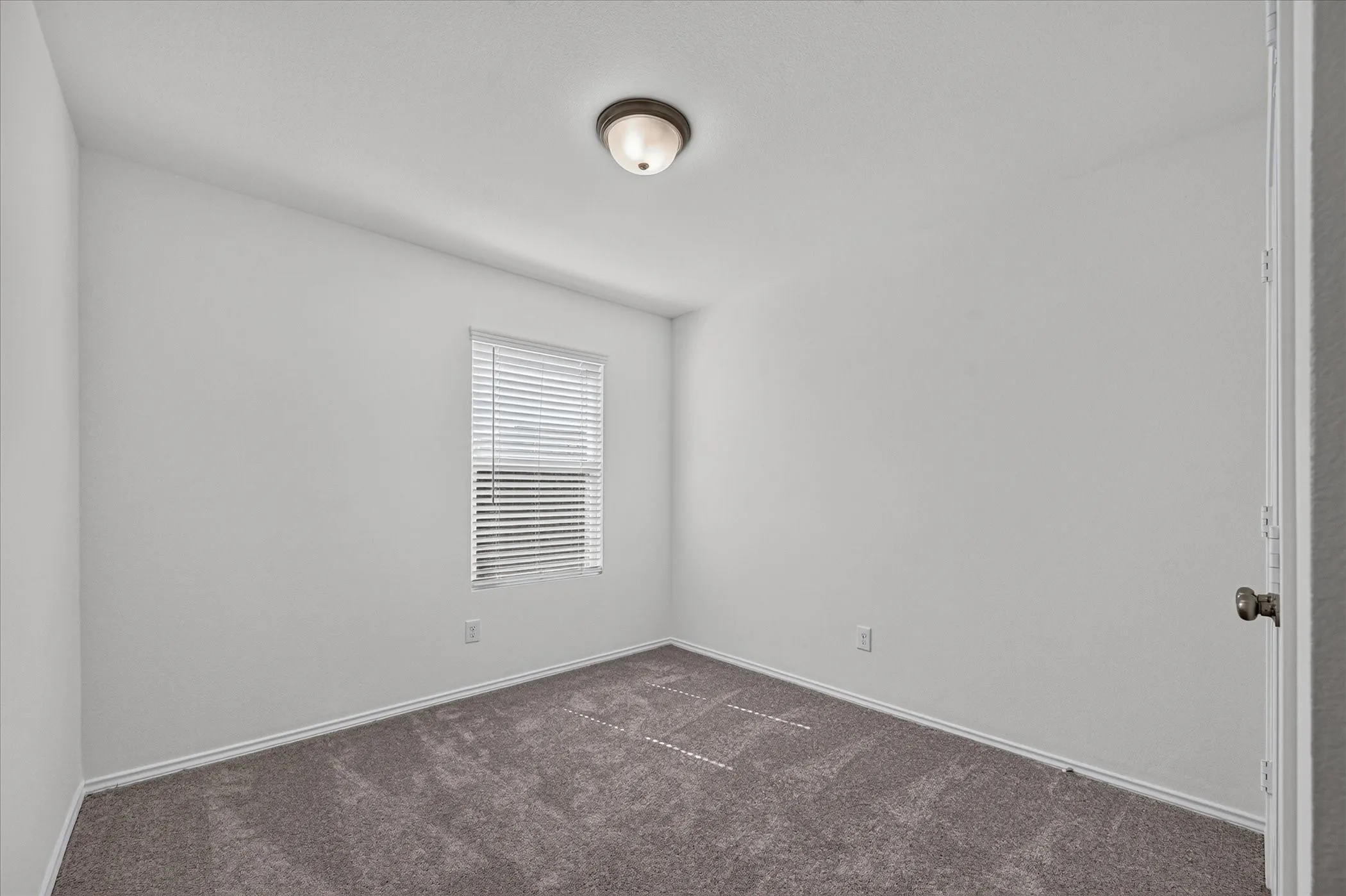 Neutral wall paint, ceiling-mounted light fixture, window with blinds, carpeted flooring, and a standard door
