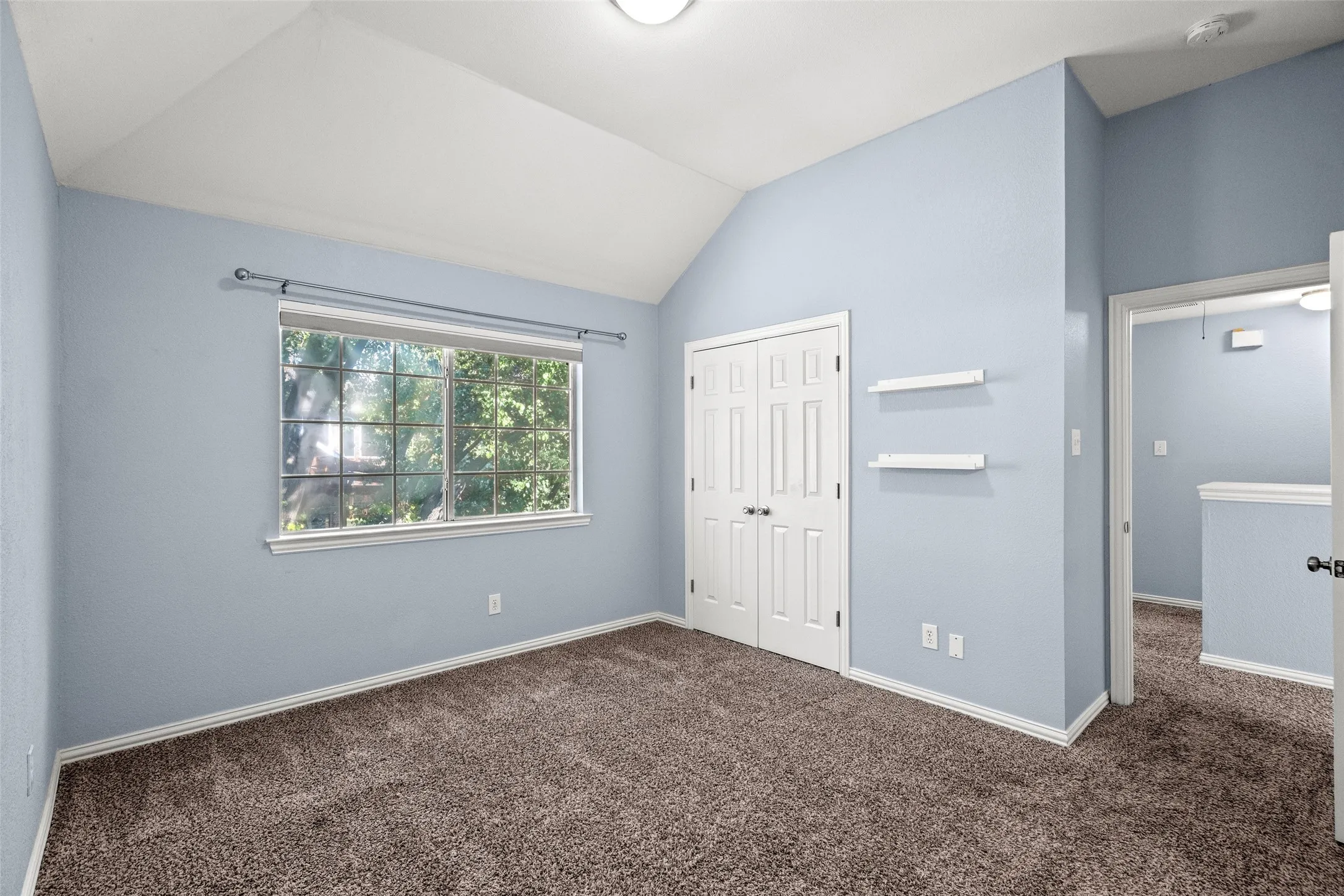 Vaulted ceiling, carpeted flooring, double-door closet, built-in shelving, and transom window