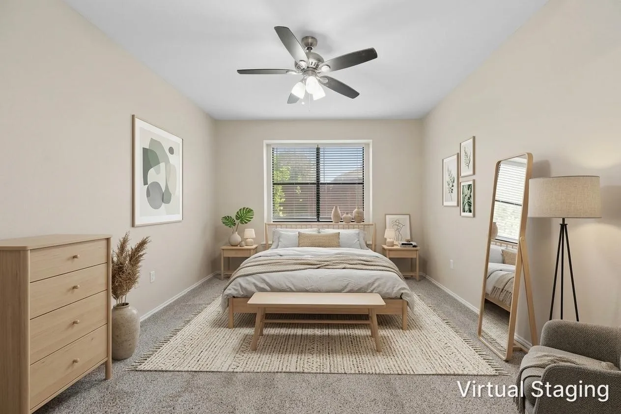Vaulted ceiling with a ceiling fan, carpeted flooring, and a large window with blinds