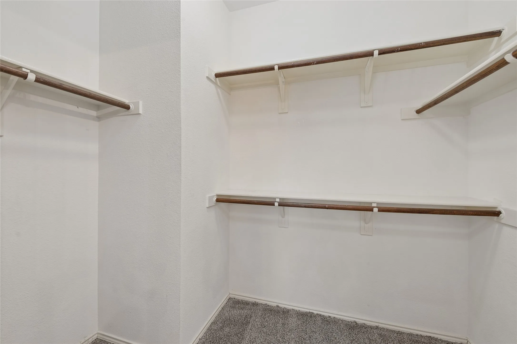 Built-in shelving and hanging rods with textured walls and carpet flooring