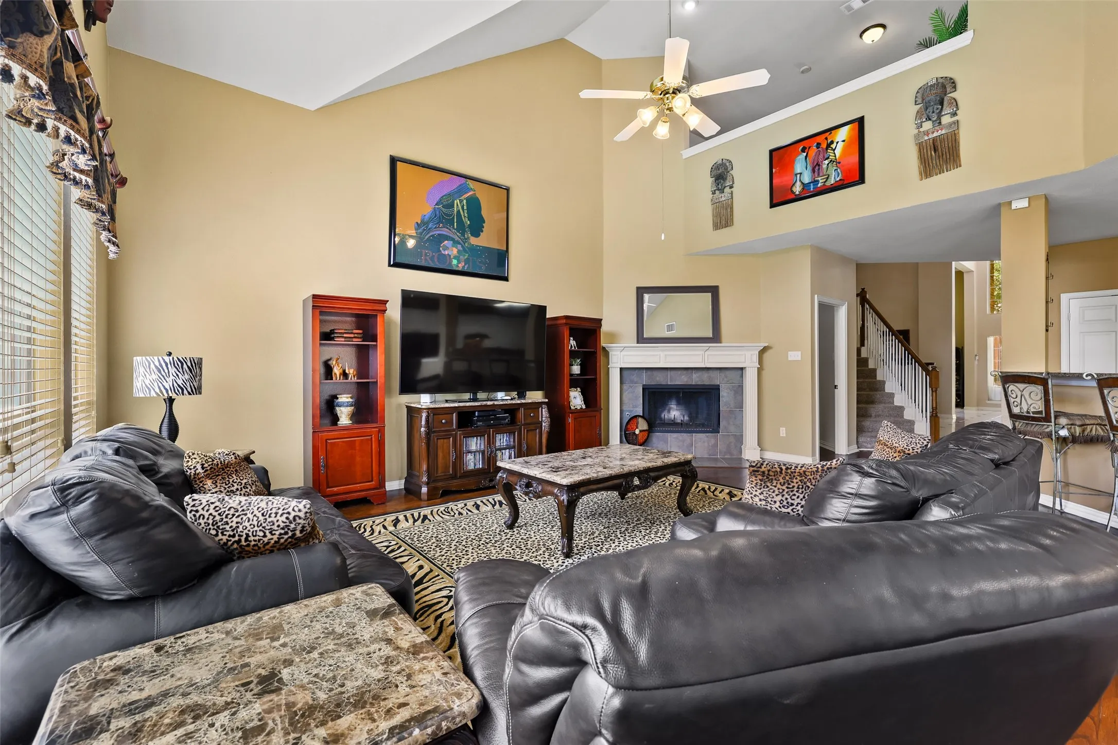 Another view of the family room with vaulted ceiling