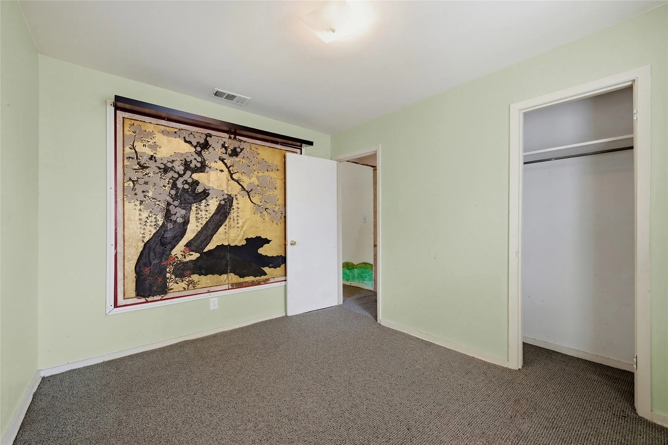Carpet flooring, light green painted walls, and built-in closet with shelving
