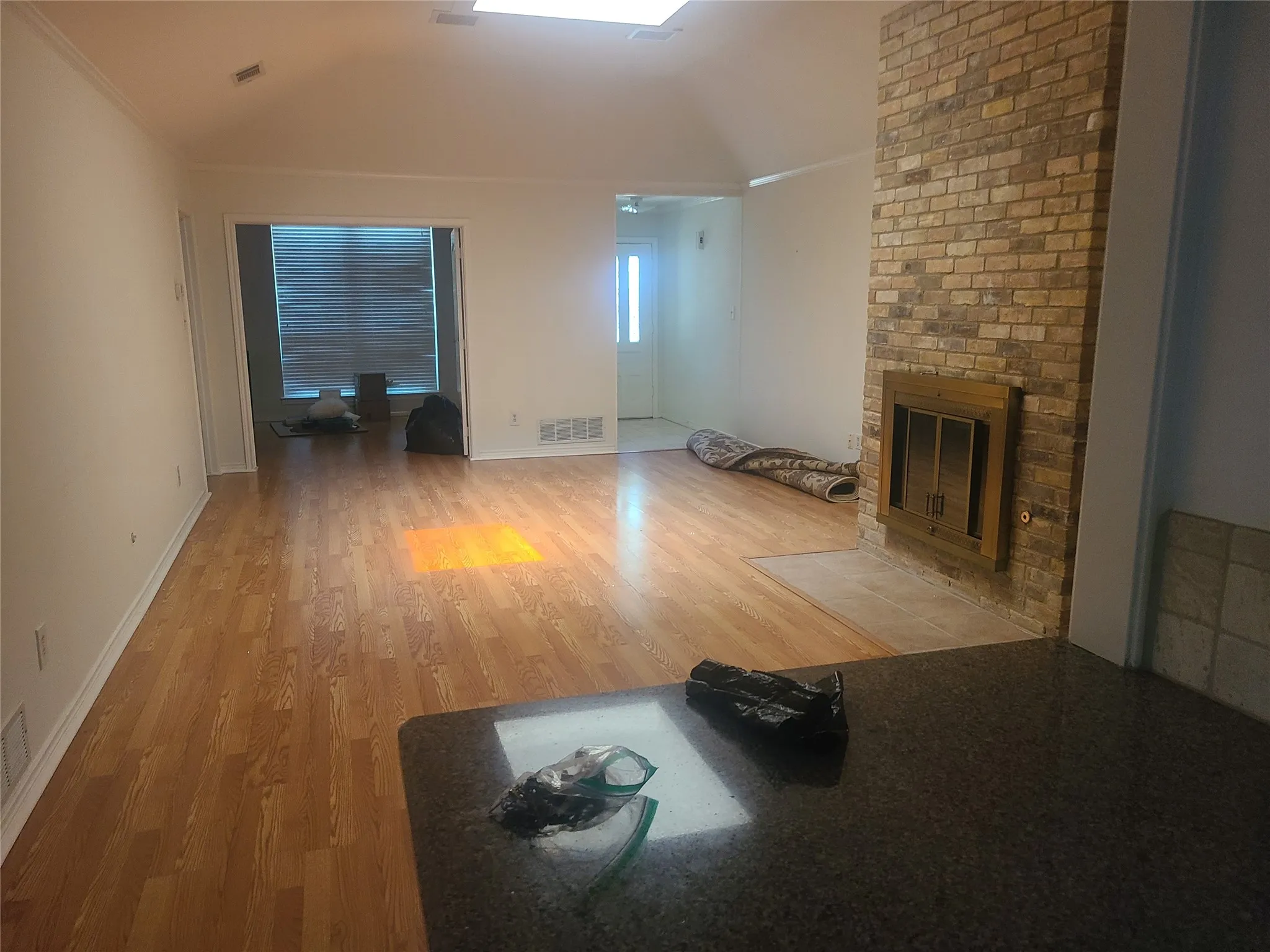 Living room with skylight and fireplace