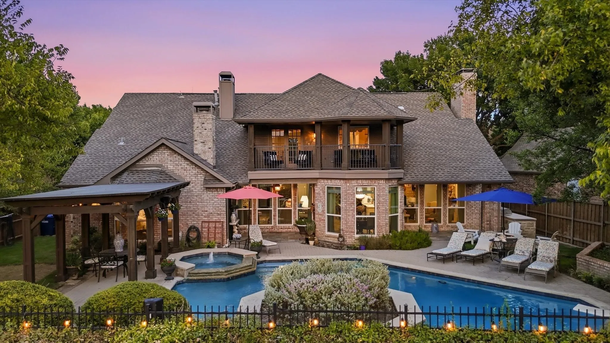 Backyard paradise with swimming pool, spa, fire pit, pergola and 2nd story balcony overlooking Stonebridge CC hole #4.