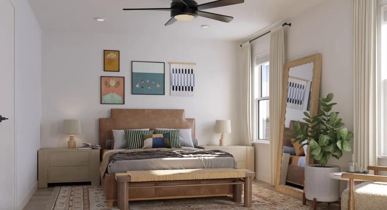 Bedroom with ceiling fan and baseboards
