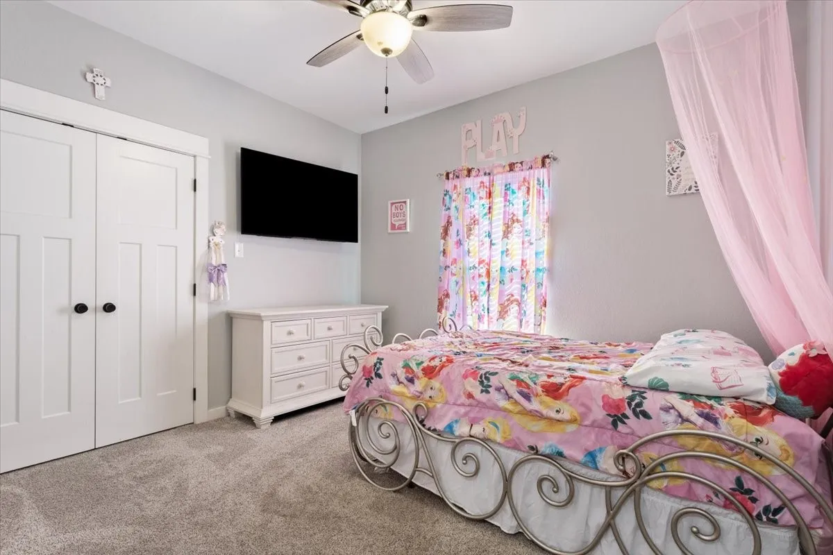 Textured gray carpeting, light gray wall paint, white bi-fold closet doors with black hardware, and a ceiling fan with integrated lighting