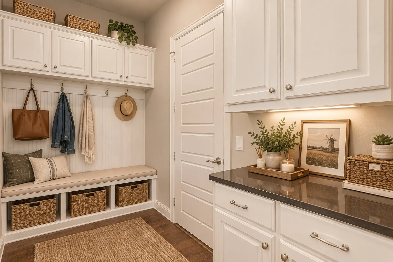 Just as you come in from the garage, the perfect place to put shoes, jackets, backpacks, keys and purses.
