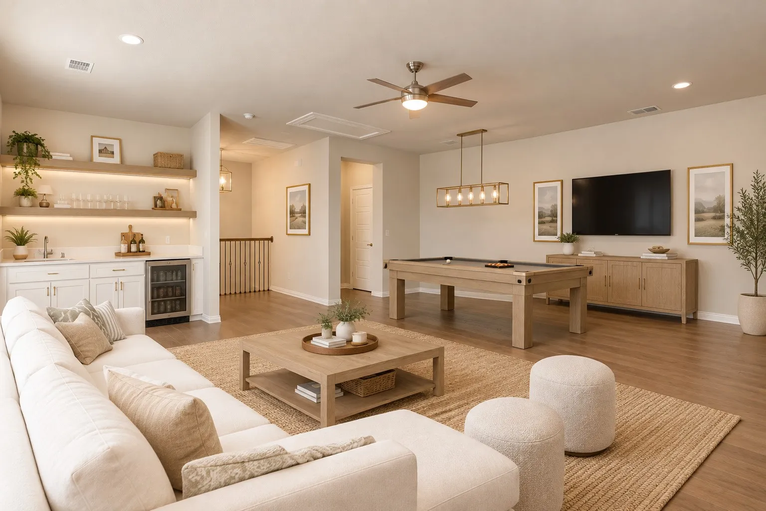 Upstairs game room with wet bar and space for a refrigerator, closet and half bath. A door could be added to use this as a bedroom, or it's the perfect play area, guest suite or gathering place for game days.
