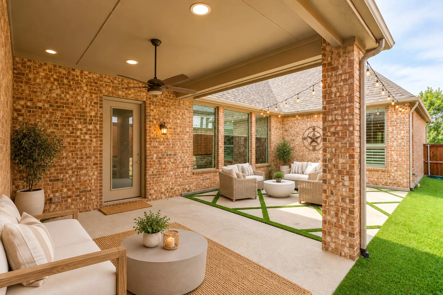 Spacious side patio with checkerboard turf, a covered area and an open area for cooler weather.