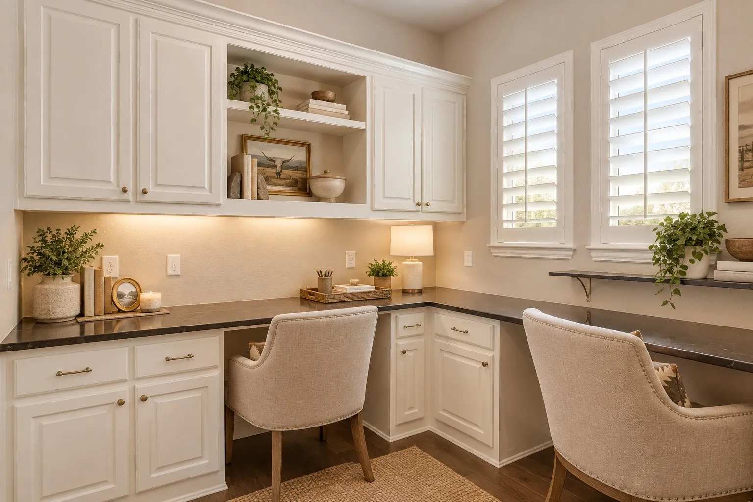 Large pocket office just off the kitchen.  Beautiful built-ins!  Perfect for a second dedicated office space.