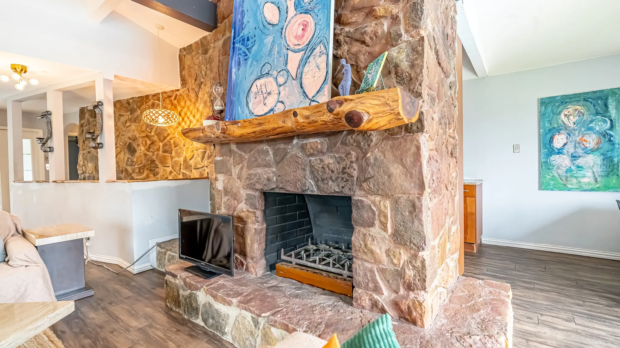 Living Room with beautiful stone fireplace